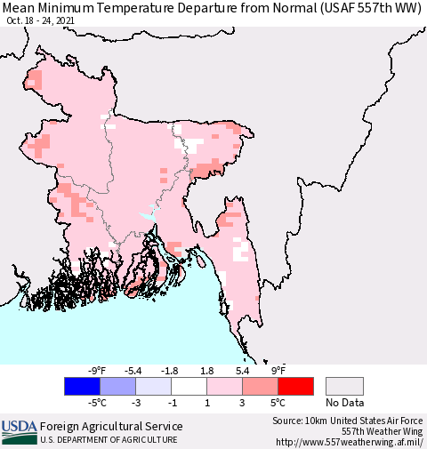 Bangladesh Mean Minimum Temperature Departure from Normal (USAF 557th WW) Thematic Map For 10/18/2021 - 10/24/2021