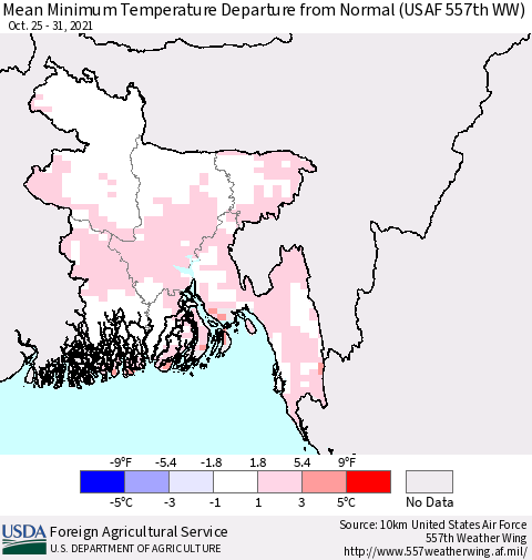 Bangladesh Mean Minimum Temperature Departure from Normal (USAF 557th WW) Thematic Map For 10/25/2021 - 10/31/2021