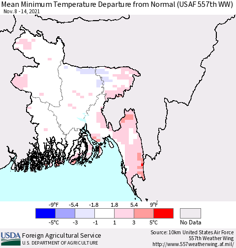 Bangladesh Mean Minimum Temperature Departure from Normal (USAF 557th WW) Thematic Map For 11/8/2021 - 11/14/2021