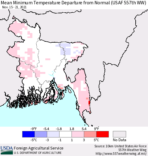 Bangladesh Mean Minimum Temperature Departure from Normal (USAF 557th WW) Thematic Map For 11/15/2021 - 11/21/2021