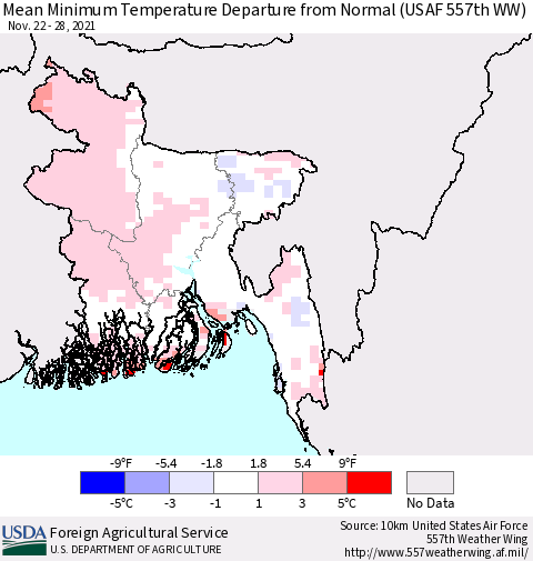 Bangladesh Mean Minimum Temperature Departure from Normal (USAF 557th WW) Thematic Map For 11/22/2021 - 11/28/2021
