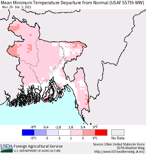 Bangladesh Mean Minimum Temperature Departure from Normal (USAF 557th WW) Thematic Map For 11/29/2021 - 12/5/2021