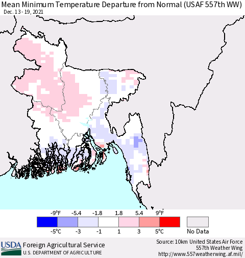 Bangladesh Mean Minimum Temperature Departure from Normal (USAF 557th WW) Thematic Map For 12/13/2021 - 12/19/2021