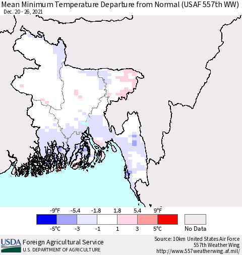 Bangladesh Mean Minimum Temperature Departure from Normal (USAF 557th WW) Thematic Map For 12/20/2021 - 12/26/2021
