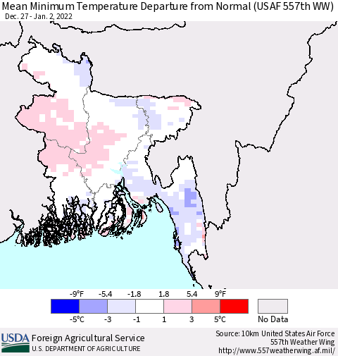 Bangladesh Mean Minimum Temperature Departure from Normal (USAF 557th WW) Thematic Map For 12/27/2021 - 1/2/2022