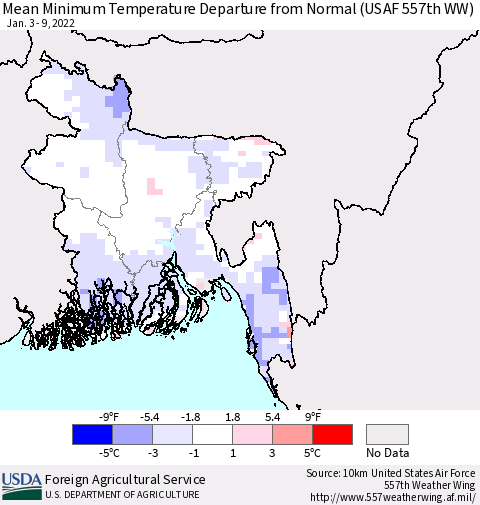 Bangladesh Mean Minimum Temperature Departure from Normal (USAF 557th WW) Thematic Map For 1/3/2022 - 1/9/2022