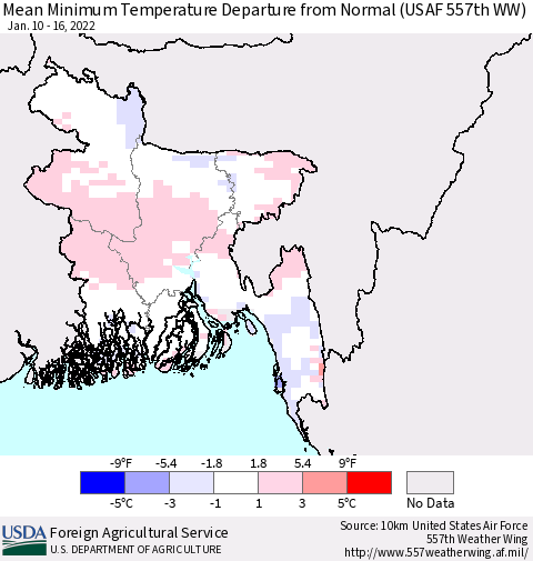 Bangladesh Mean Minimum Temperature Departure from Normal (USAF 557th WW) Thematic Map For 1/10/2022 - 1/16/2022