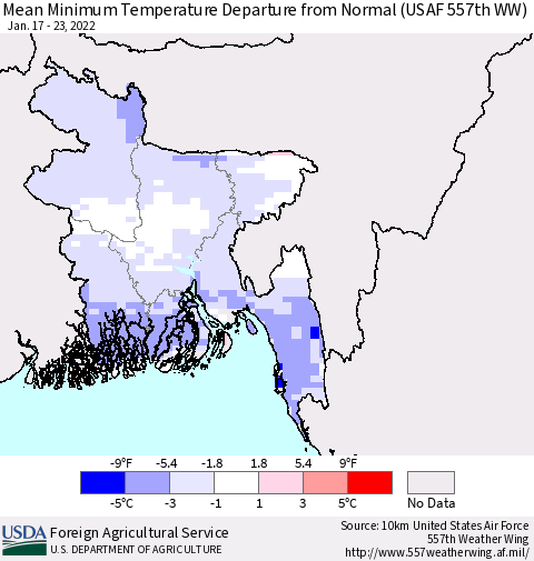 Bangladesh Mean Minimum Temperature Departure from Normal (USAF 557th WW) Thematic Map For 1/17/2022 - 1/23/2022