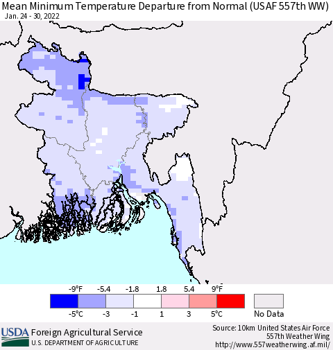 Bangladesh Mean Minimum Temperature Departure from Normal (USAF 557th WW) Thematic Map For 1/24/2022 - 1/30/2022