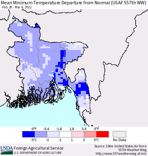 Bangladesh Mean Minimum Temperature Departure from Normal (USAF 557th WW) Thematic Map For 2/28/2022 - 3/6/2022