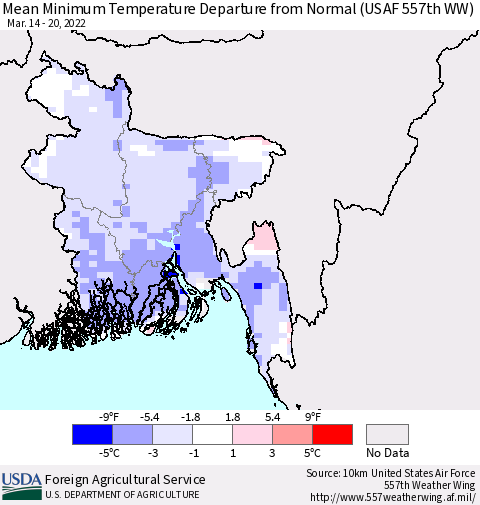 Bangladesh Mean Minimum Temperature Departure from Normal (USAF 557th WW) Thematic Map For 3/14/2022 - 3/20/2022