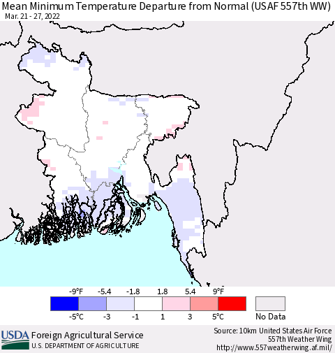 Bangladesh Mean Minimum Temperature Departure from Normal (USAF 557th WW) Thematic Map For 3/21/2022 - 3/27/2022