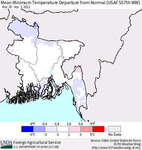 Bangladesh Mean Minimum Temperature Departure from Normal (USAF 557th WW) Thematic Map For 3/28/2022 - 4/3/2022