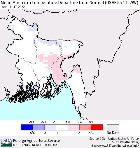 Bangladesh Mean Minimum Temperature Departure from Normal (USAF 557th WW) Thematic Map For 4/11/2022 - 4/17/2022