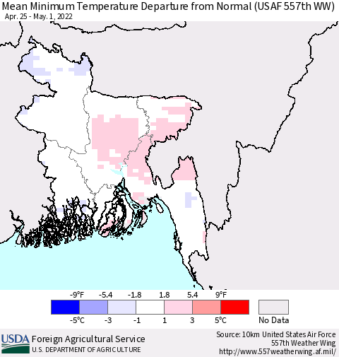 Bangladesh Mean Minimum Temperature Departure from Normal (USAF 557th WW) Thematic Map For 4/25/2022 - 5/1/2022