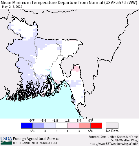 Bangladesh Mean Minimum Temperature Departure from Normal (USAF 557th WW) Thematic Map For 5/2/2022 - 5/8/2022