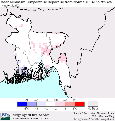 Bangladesh Mean Minimum Temperature Departure from Normal (USAF 557th WW) Thematic Map For 5/9/2022 - 5/15/2022