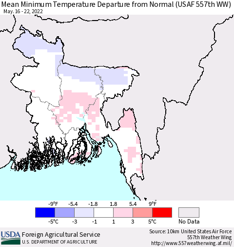 Bangladesh Mean Minimum Temperature Departure from Normal (USAF 557th WW) Thematic Map For 5/16/2022 - 5/22/2022