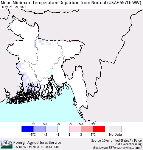 Bangladesh Mean Minimum Temperature Departure from Normal (USAF 557th WW) Thematic Map For 5/23/2022 - 5/29/2022