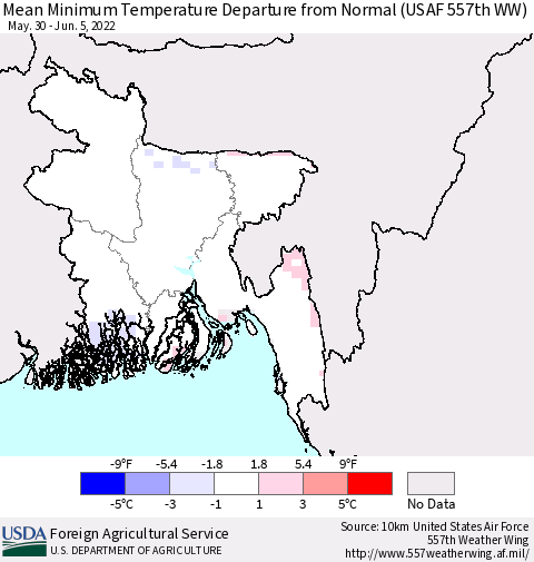 Bangladesh Mean Minimum Temperature Departure from Normal (USAF 557th WW) Thematic Map For 5/30/2022 - 6/5/2022