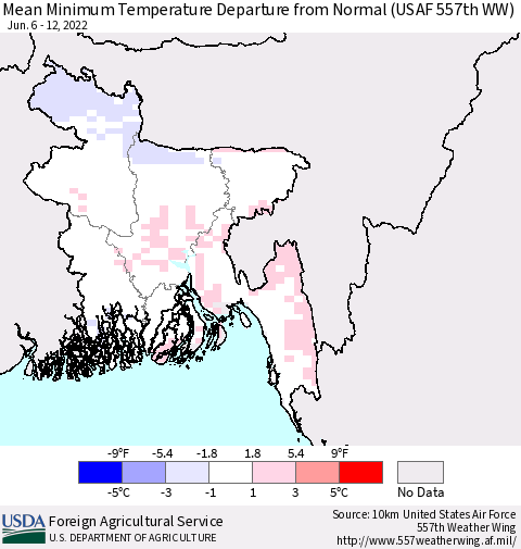 Bangladesh Mean Minimum Temperature Departure from Normal (USAF 557th WW) Thematic Map For 6/6/2022 - 6/12/2022