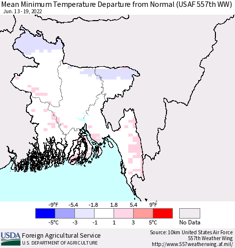 Bangladesh Mean Minimum Temperature Departure from Normal (USAF 557th WW) Thematic Map For 6/13/2022 - 6/19/2022