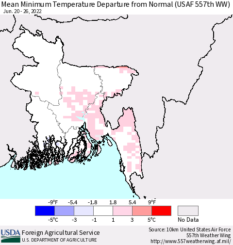 Bangladesh Mean Minimum Temperature Departure from Normal (USAF 557th WW) Thematic Map For 6/20/2022 - 6/26/2022