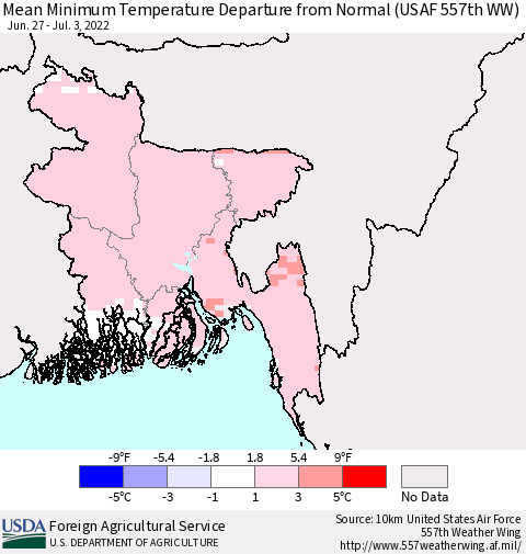Bangladesh Mean Minimum Temperature Departure from Normal (USAF 557th WW) Thematic Map For 6/27/2022 - 7/3/2022
