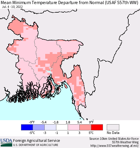 Bangladesh Mean Minimum Temperature Departure from Normal (USAF 557th WW) Thematic Map For 7/4/2022 - 7/10/2022