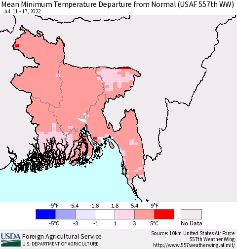Bangladesh Mean Minimum Temperature Departure from Normal (USAF 557th WW) Thematic Map For 7/11/2022 - 7/17/2022