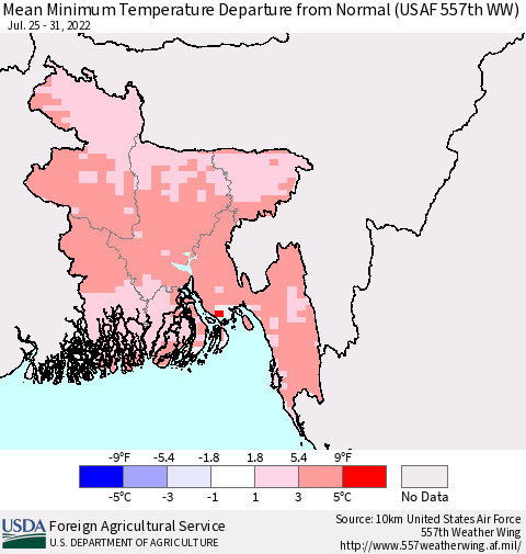 Bangladesh Mean Minimum Temperature Departure from Normal (USAF 557th WW) Thematic Map For 7/25/2022 - 7/31/2022