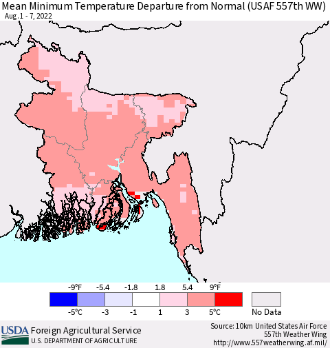 Bangladesh Mean Minimum Temperature Departure from Normal (USAF 557th WW) Thematic Map For 8/1/2022 - 8/7/2022