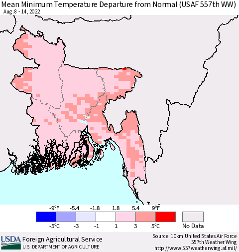 Bangladesh Mean Minimum Temperature Departure from Normal (USAF 557th WW) Thematic Map For 8/8/2022 - 8/14/2022