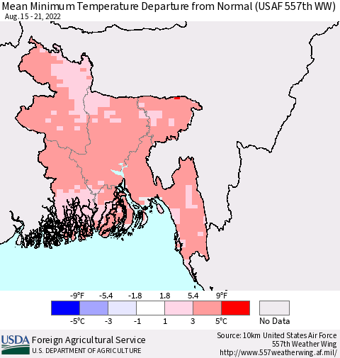 Bangladesh Mean Minimum Temperature Departure from Normal (USAF 557th WW) Thematic Map For 8/15/2022 - 8/21/2022