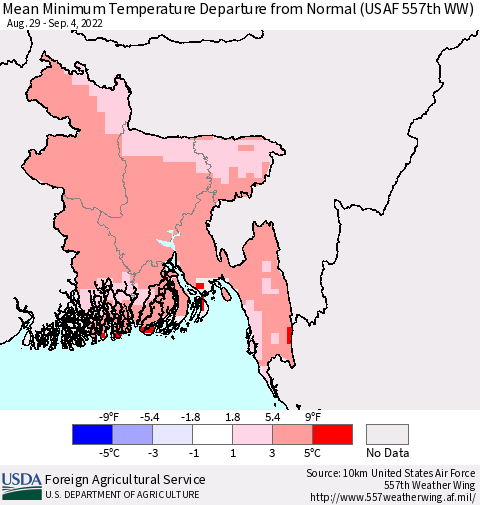 Bangladesh Mean Minimum Temperature Departure from Normal (USAF 557th WW) Thematic Map For 8/29/2022 - 9/4/2022