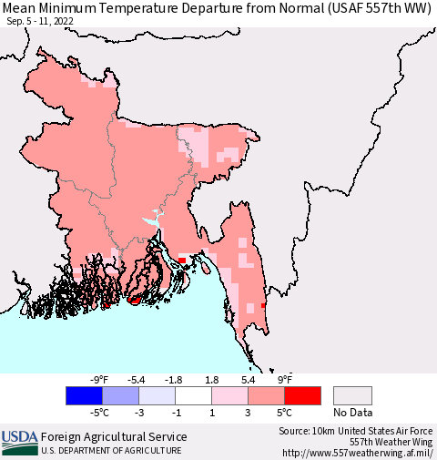 Bangladesh Mean Minimum Temperature Departure from Normal (USAF 557th WW) Thematic Map For 9/5/2022 - 9/11/2022