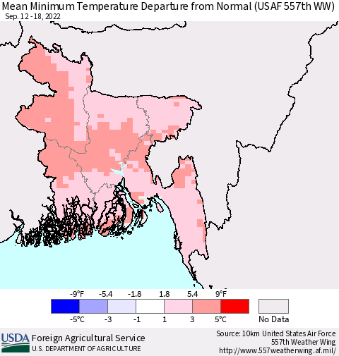 Bangladesh Mean Minimum Temperature Departure from Normal (USAF 557th WW) Thematic Map For 9/12/2022 - 9/18/2022