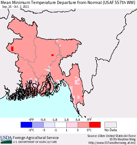 Bangladesh Mean Minimum Temperature Departure from Normal (USAF 557th WW) Thematic Map For 9/26/2022 - 10/2/2022
