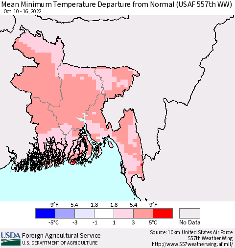 Bangladesh Mean Minimum Temperature Departure from Normal (USAF 557th WW) Thematic Map For 10/10/2022 - 10/16/2022