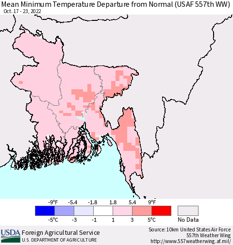Bangladesh Mean Minimum Temperature Departure from Normal (USAF 557th WW) Thematic Map For 10/17/2022 - 10/23/2022