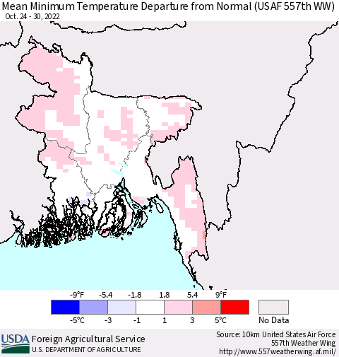 Bangladesh Mean Minimum Temperature Departure from Normal (USAF 557th WW) Thematic Map For 10/24/2022 - 10/30/2022