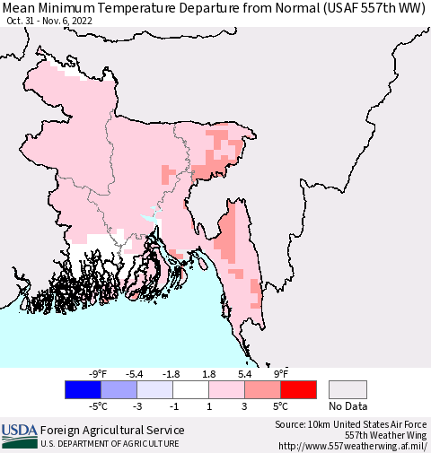 Bangladesh Mean Minimum Temperature Departure from Normal (USAF 557th WW) Thematic Map For 10/31/2022 - 11/6/2022