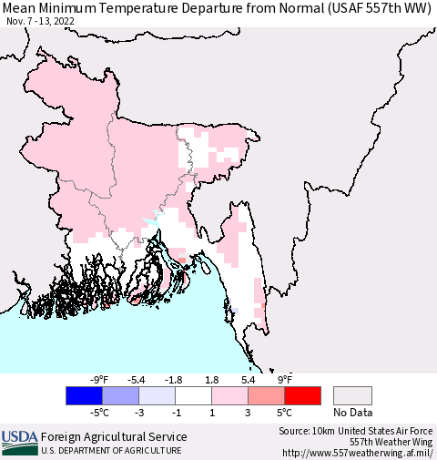 Bangladesh Mean Minimum Temperature Departure from Normal (USAF 557th WW) Thematic Map For 11/7/2022 - 11/13/2022