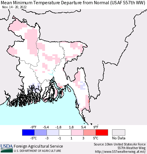 Bangladesh Mean Minimum Temperature Departure from Normal (USAF 557th WW) Thematic Map For 11/14/2022 - 11/20/2022