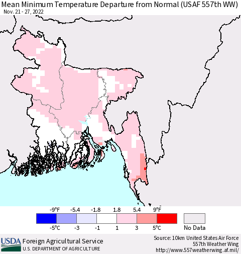 Bangladesh Mean Minimum Temperature Departure from Normal (USAF 557th WW) Thematic Map For 11/21/2022 - 11/27/2022