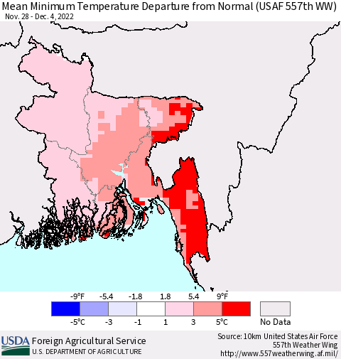 Bangladesh Mean Minimum Temperature Departure from Normal (USAF 557th WW) Thematic Map For 11/28/2022 - 12/4/2022