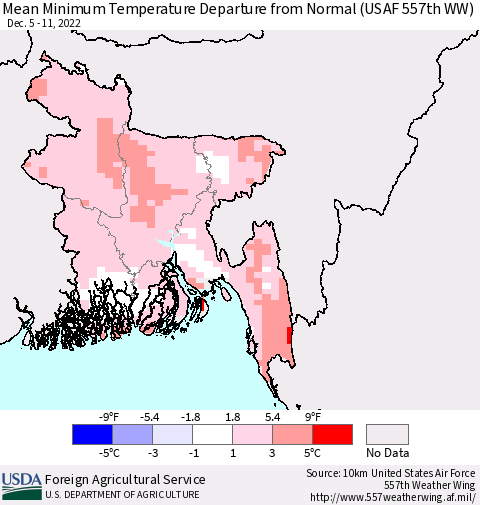 Bangladesh Mean Minimum Temperature Departure from Normal (USAF 557th WW) Thematic Map For 12/5/2022 - 12/11/2022