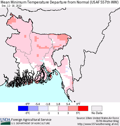 Bangladesh Mean Minimum Temperature Departure from Normal (USAF 557th WW) Thematic Map For 12/12/2022 - 12/18/2022