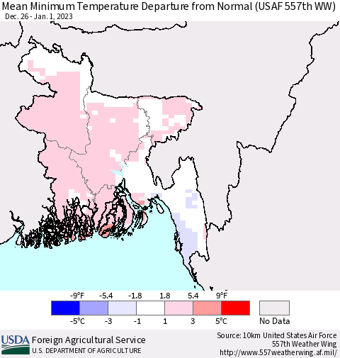 Bangladesh Mean Minimum Temperature Departure from Normal (USAF 557th WW) Thematic Map For 12/26/2022 - 1/1/2023