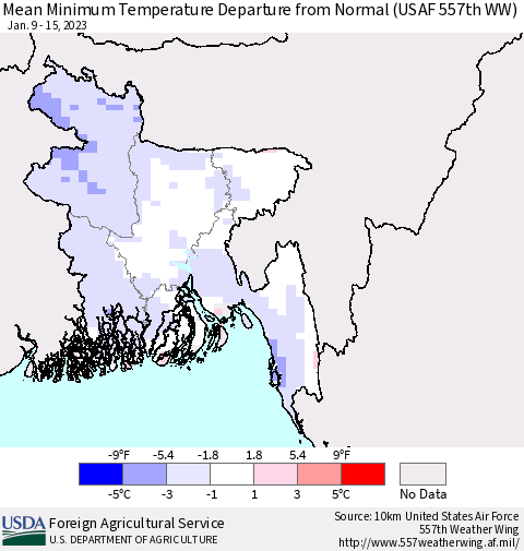 Bangladesh Mean Minimum Temperature Departure from Normal (USAF 557th WW) Thematic Map For 1/9/2023 - 1/15/2023